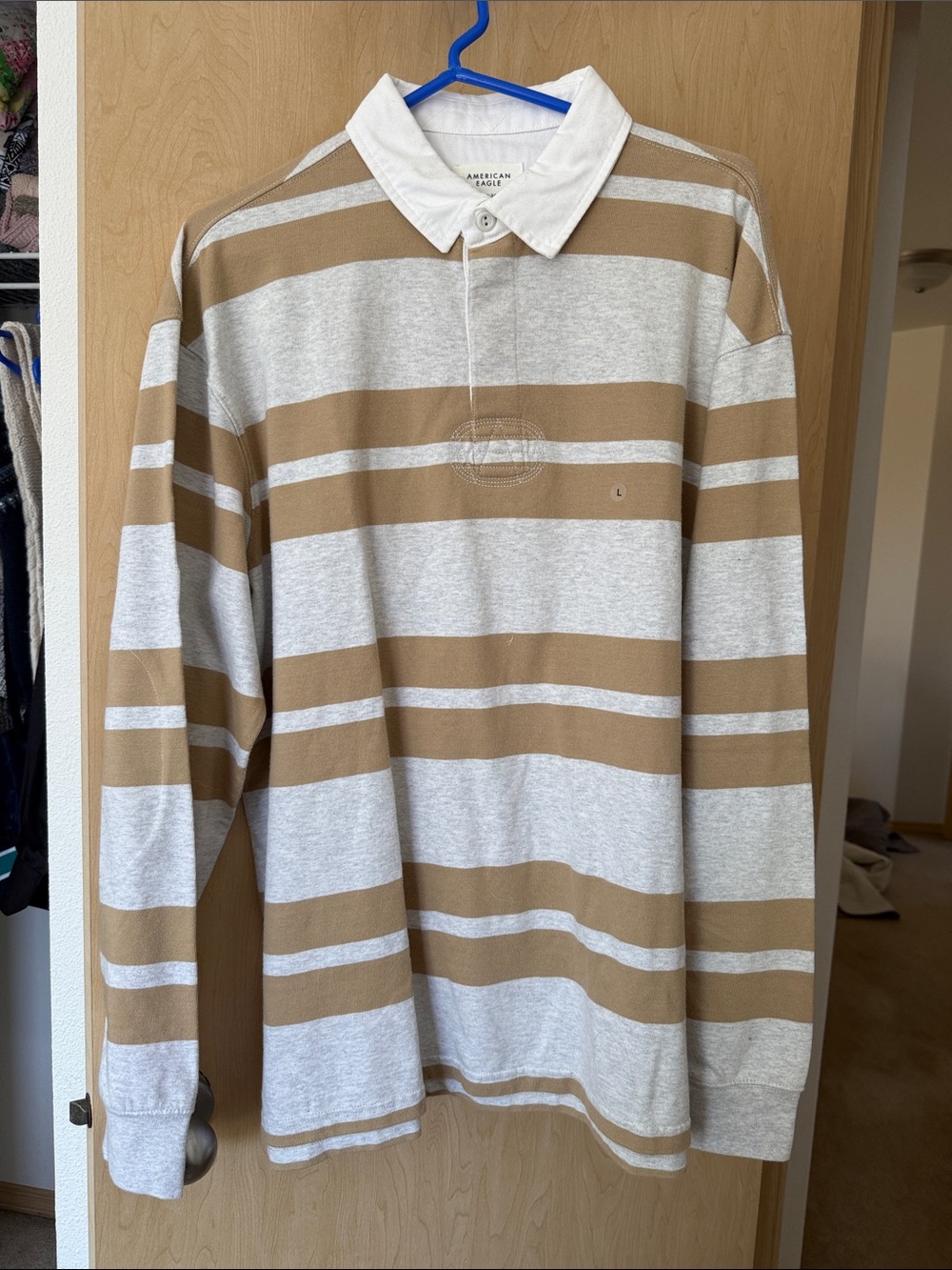 American Eagle Outfitters Tan and Light Gray Striped Long-Sleeve Rugby Shirt